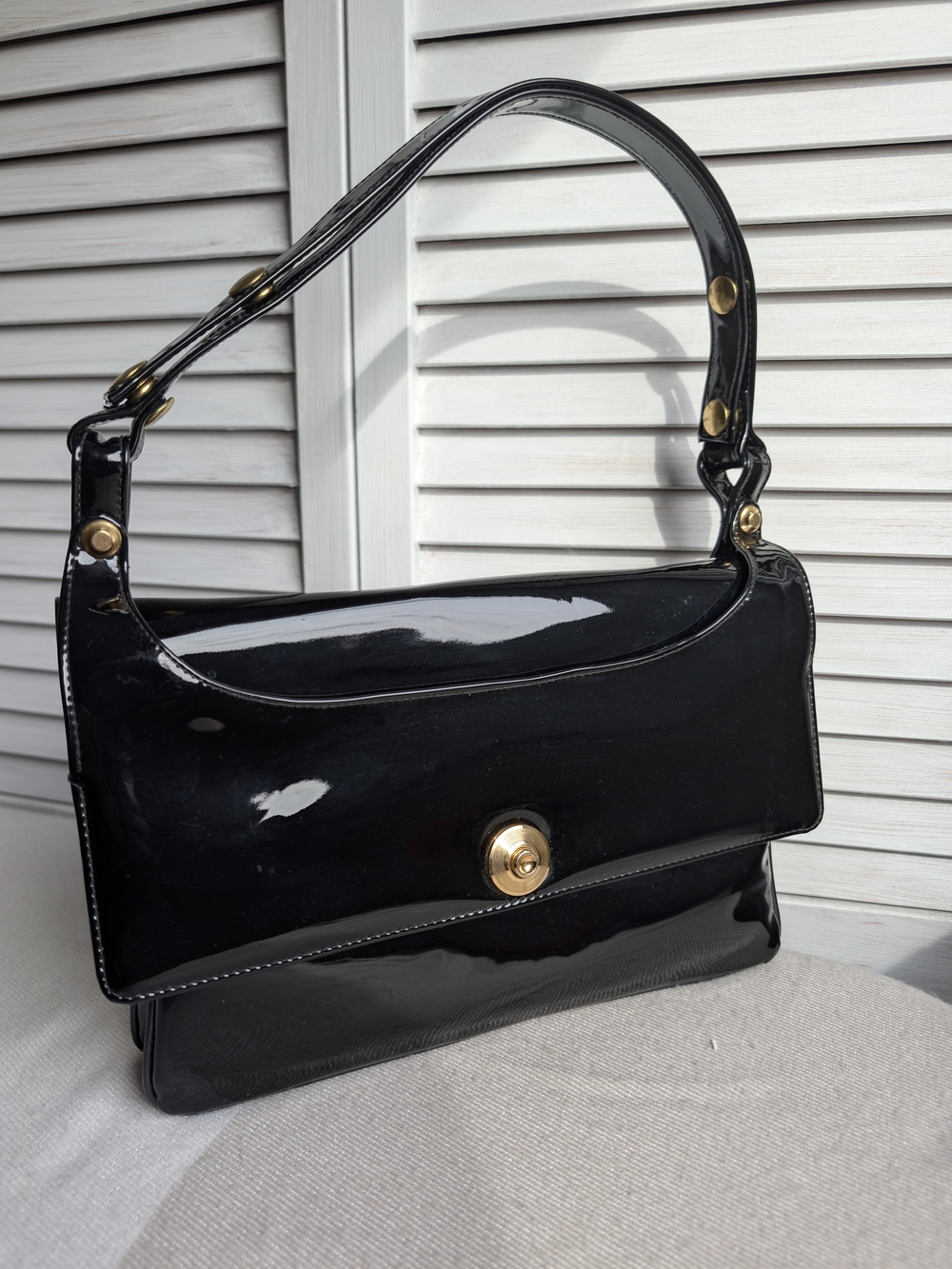 Black Patent Shoulder Bag with Gold-Tone Hardware